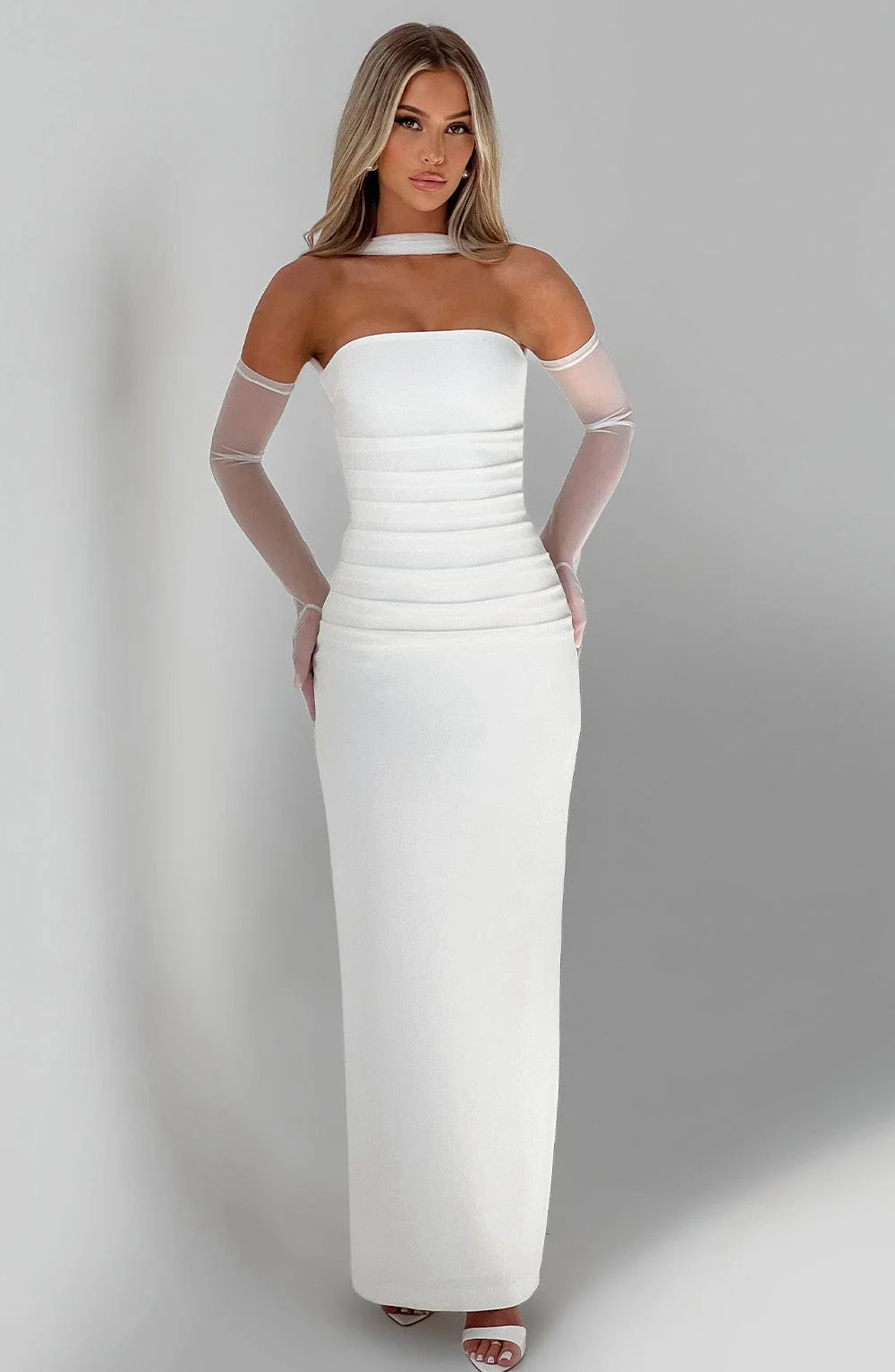 Elegant Ivory Maxi Dress with Removable Mesh Neck Panel