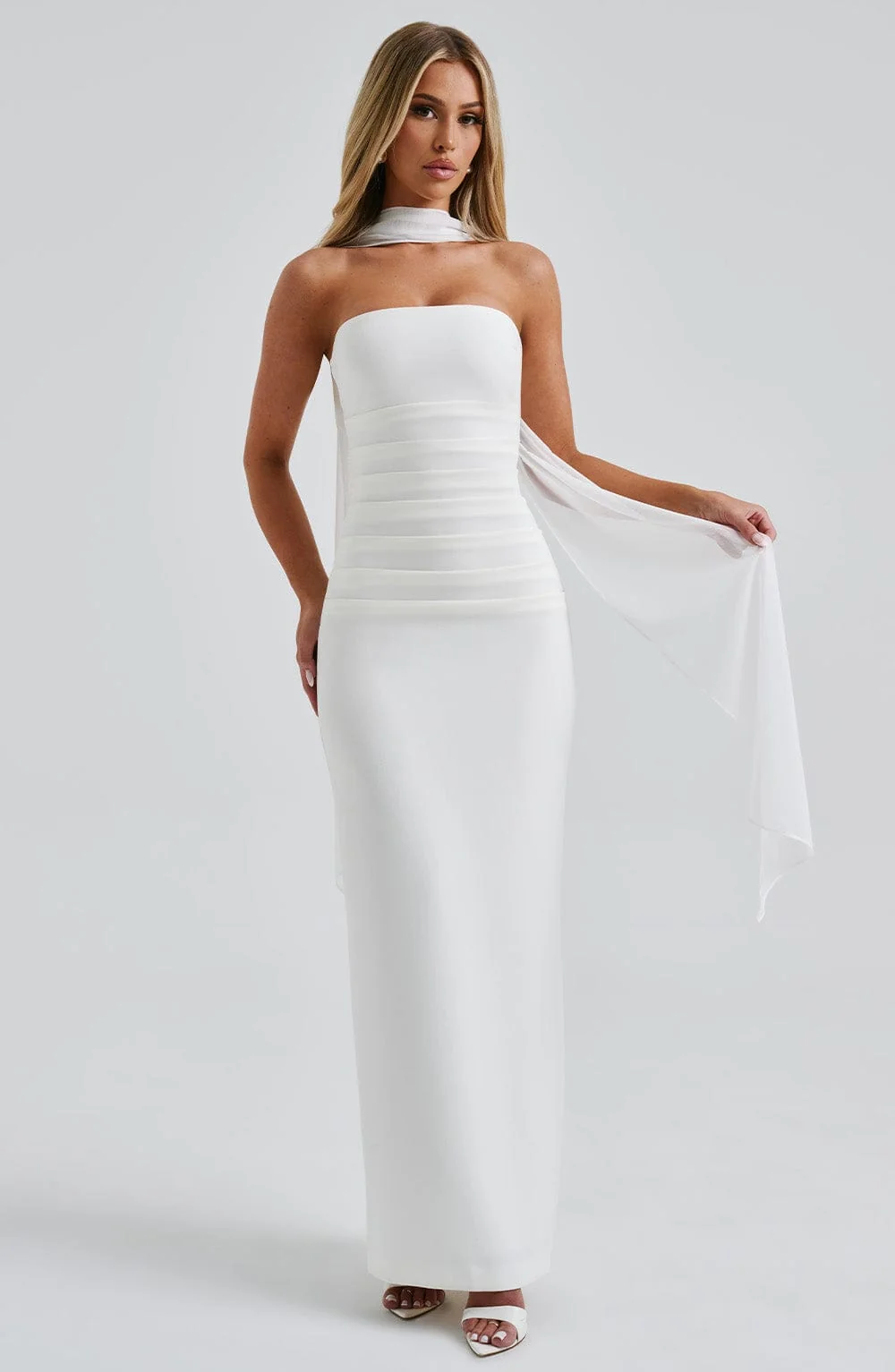 Elegant Ivory Maxi Dress with Removable Mesh Neck Panel