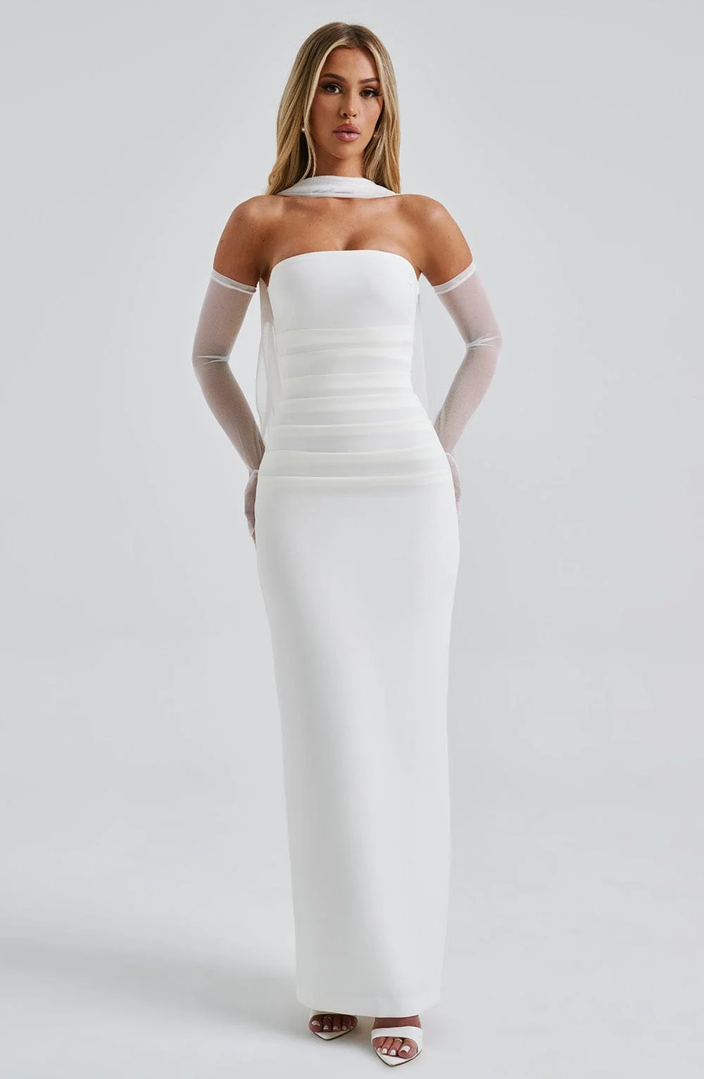 Elegant Ivory Maxi Dress with Removable Mesh Neck Panel