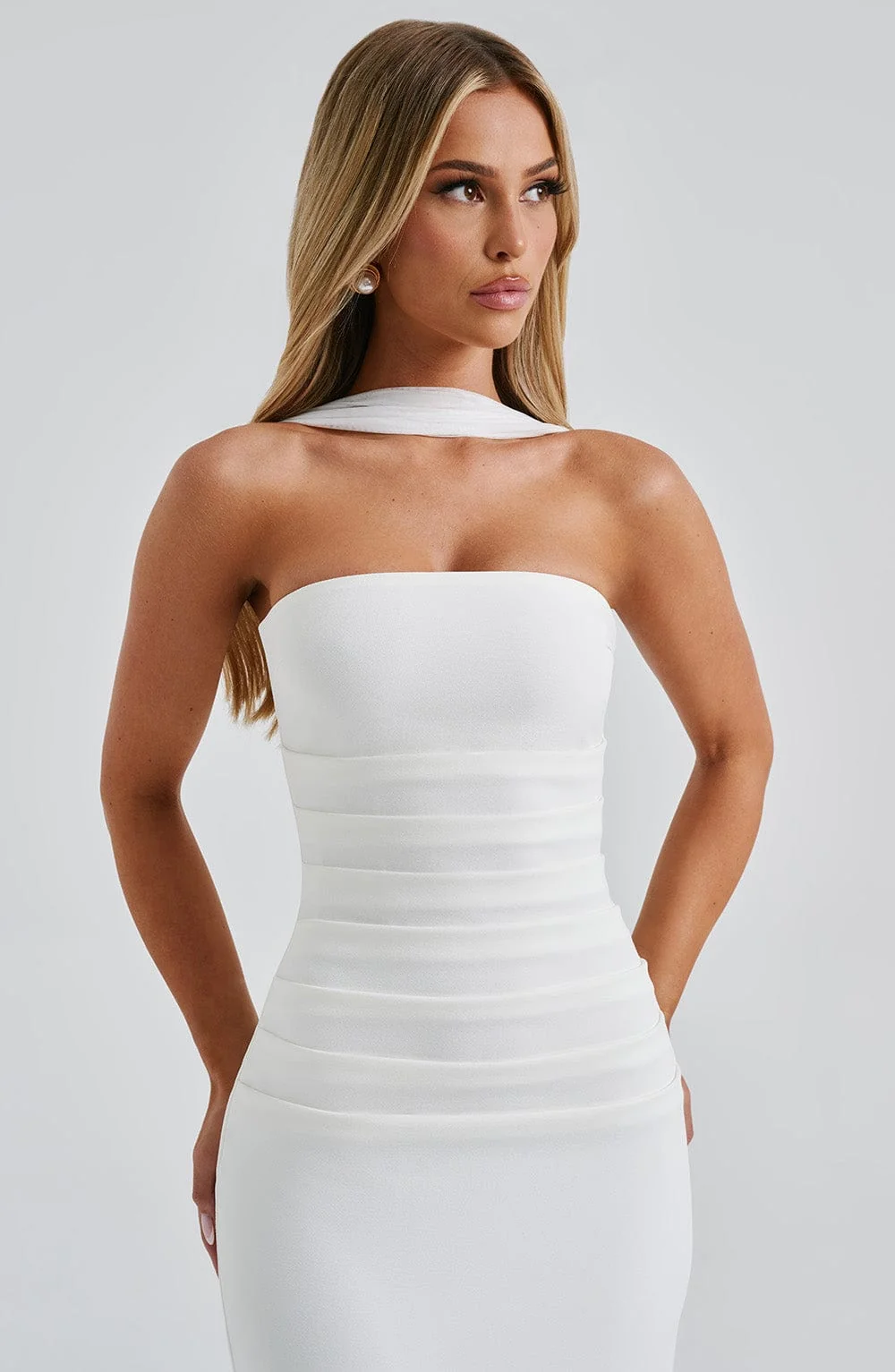 Elegant Ivory Maxi Dress with Removable Mesh Neck Panel