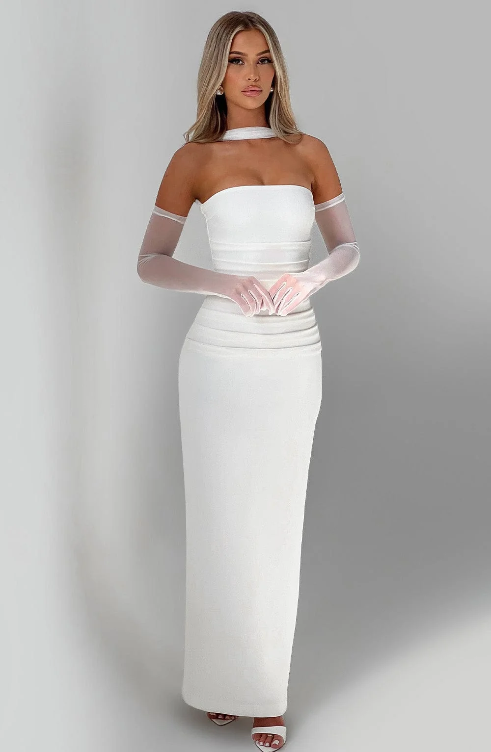 Elegant Ivory Maxi Dress with Removable Mesh Neck Panel