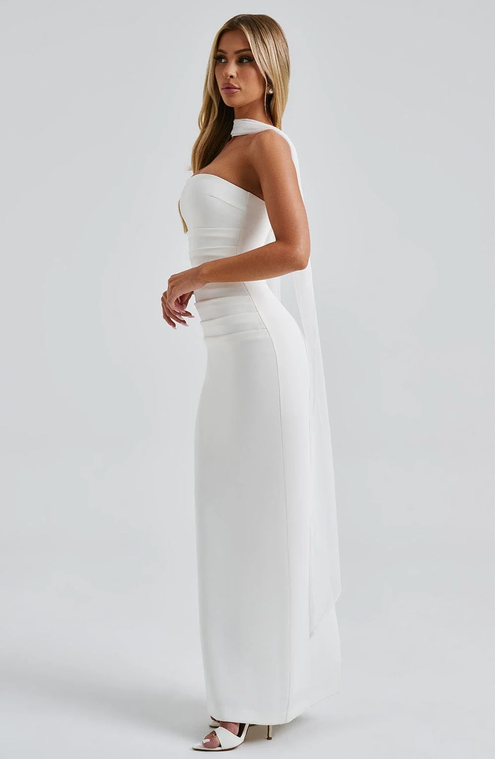 Elegant Ivory Maxi Dress with Removable Mesh Neck Panel