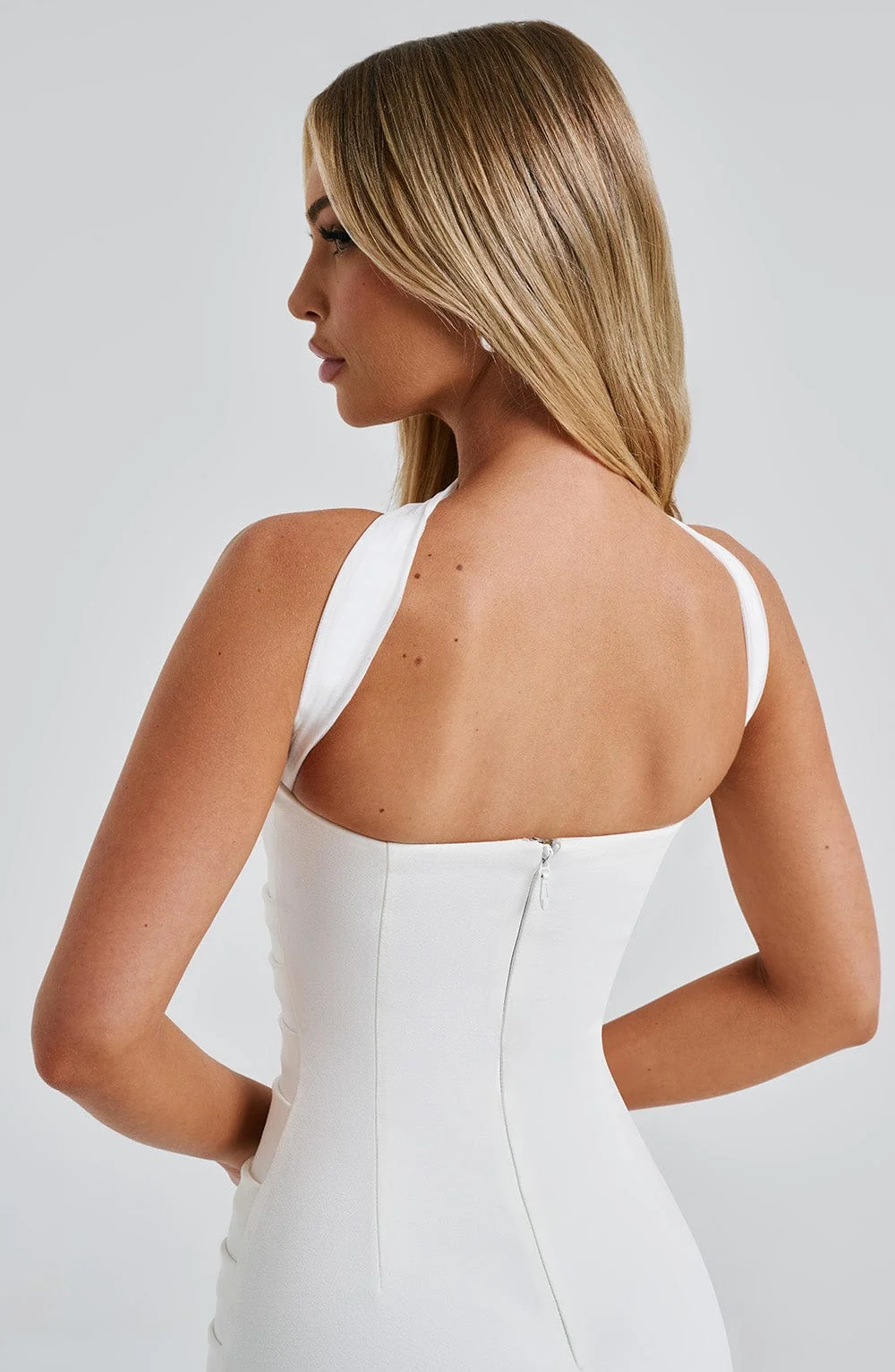 Elegant Ivory Maxi Dress with Removable Mesh Neck Panel