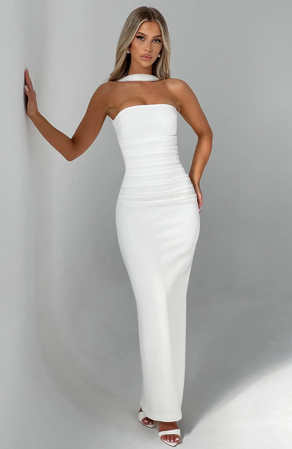 Elegant Ivory Maxi Dress with Removable Mesh Neck Panel