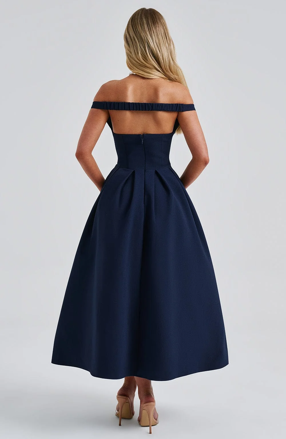 Navy Bardot Neckline Midi Dress - Elegant Plunge Style