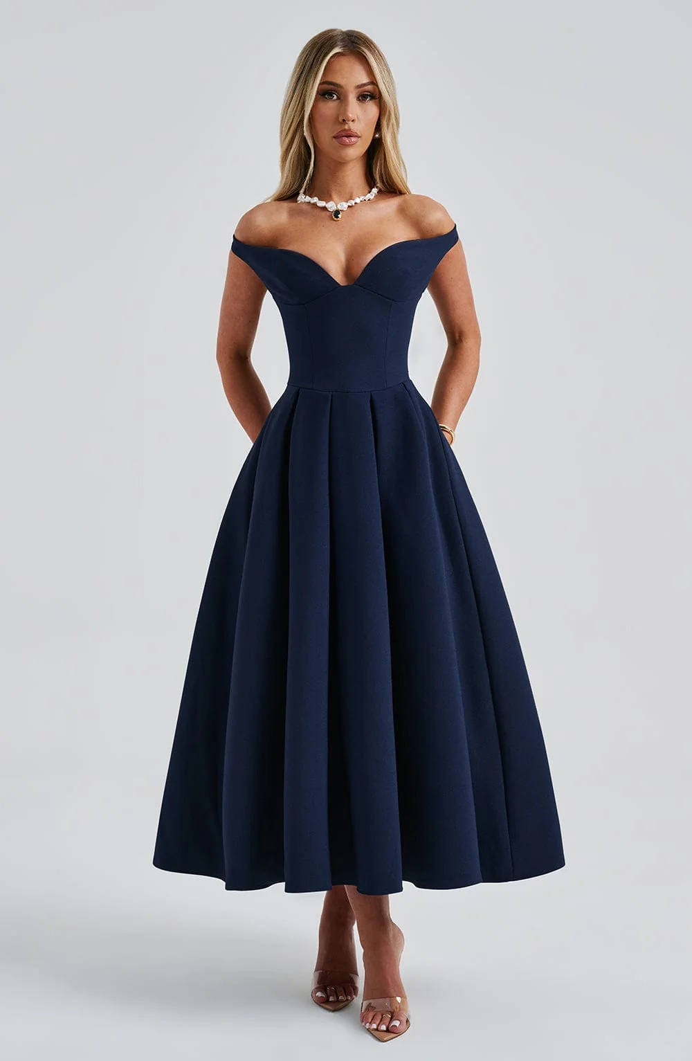 Navy Bardot Neckline Midi Dress - Elegant Plunge Style