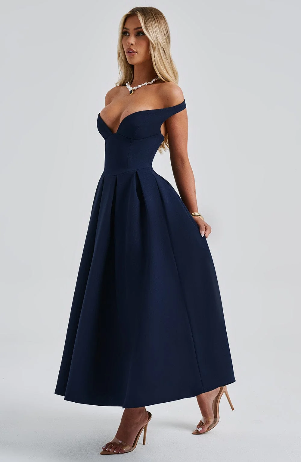 Navy Bardot Neckline Midi Dress - Elegant Plunge Style