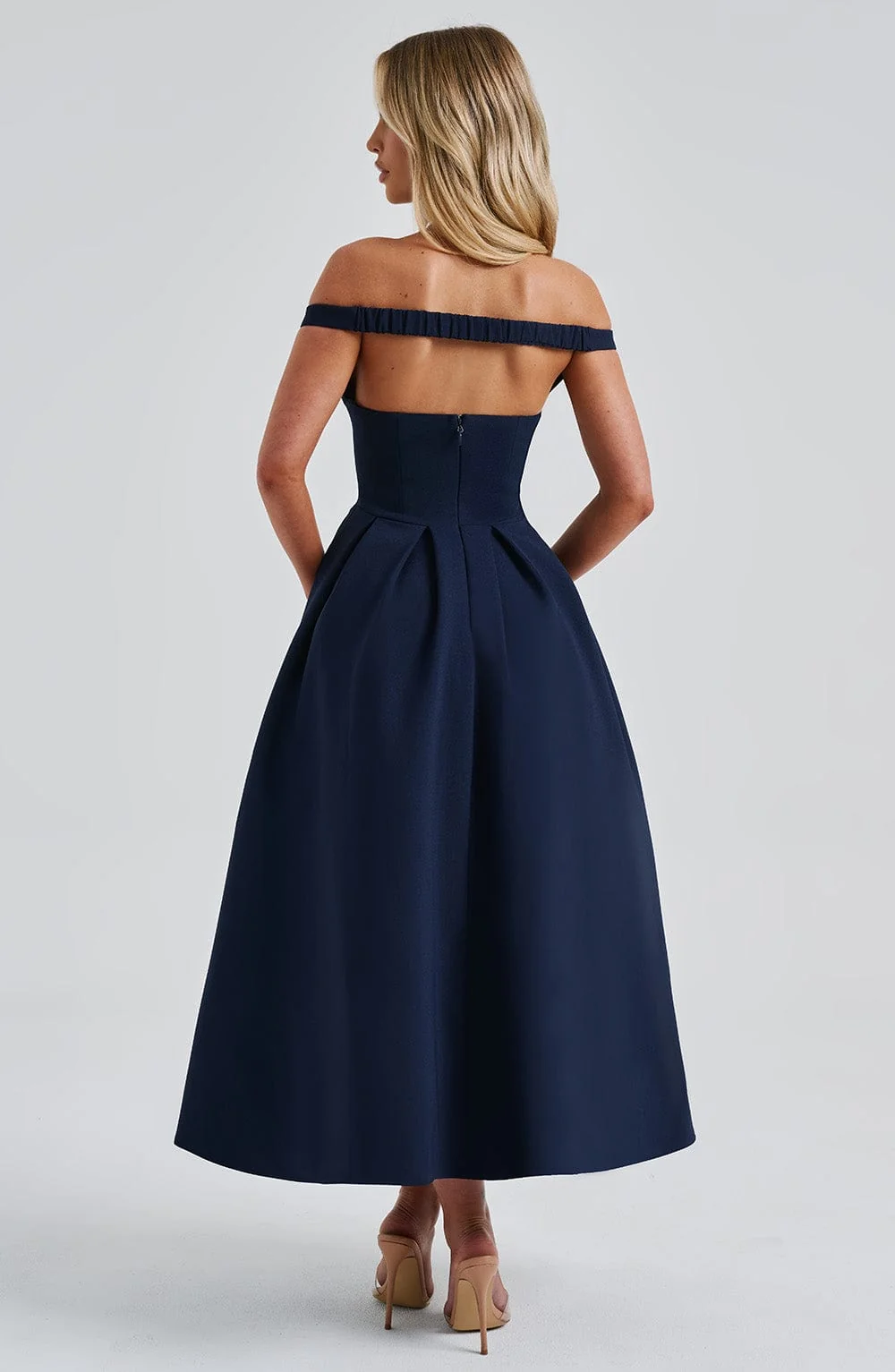 Navy Bardot Neckline Midi Dress - Elegant Plunge Style