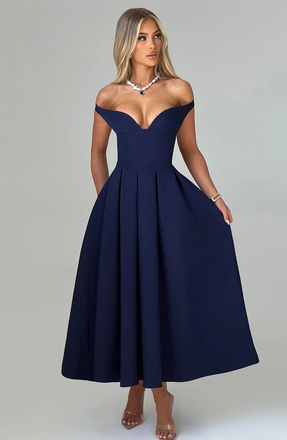 Navy Bardot Neckline Midi Dress - Elegant Plunge Style