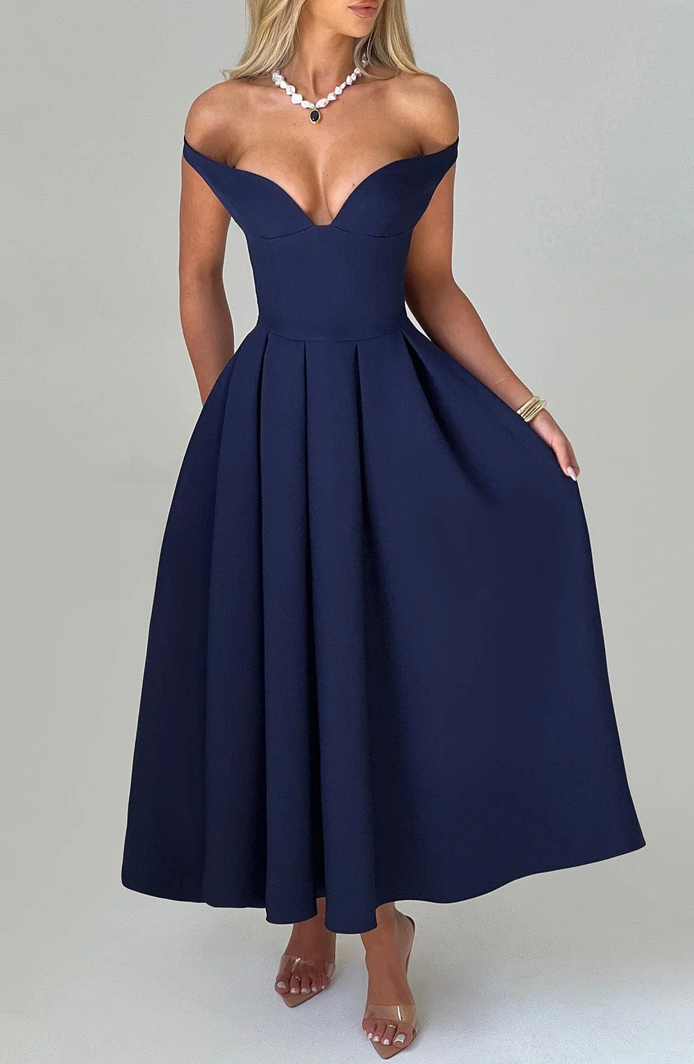 Navy Bardot Neckline Midi Dress - Elegant Plunge Style