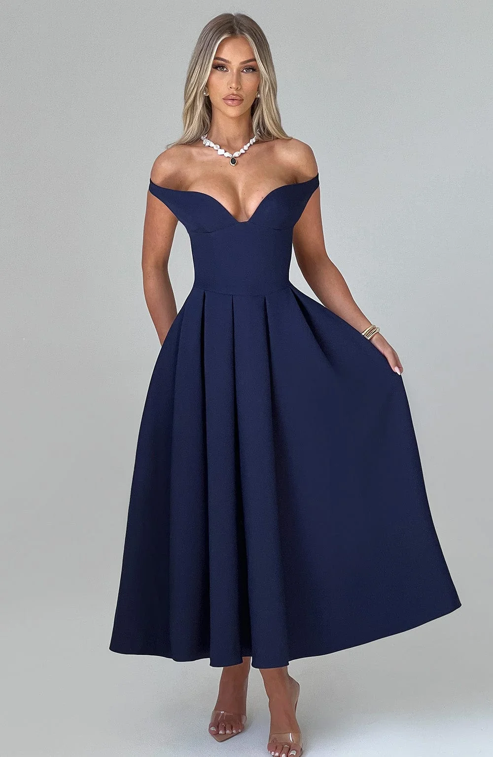 Navy Bardot Neckline Midi Dress - Elegant Plunge Style