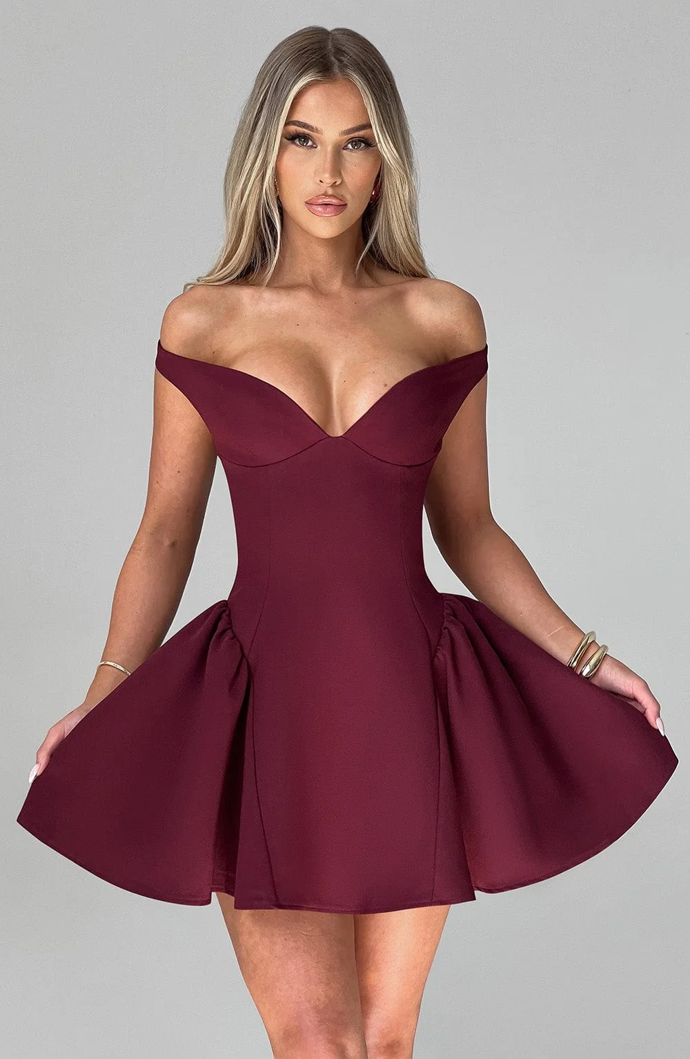 Cherry Lacquer Mini Dress - Elegant Plunge Bardot Style