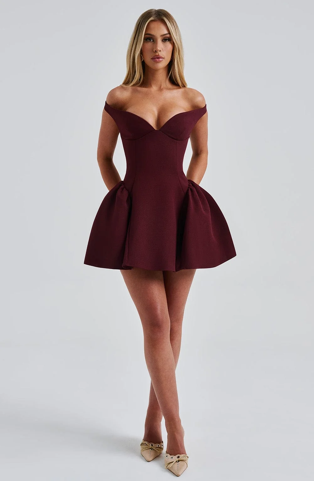 Cherry Lacquer Mini Dress - Elegant Plunge Bardot Style