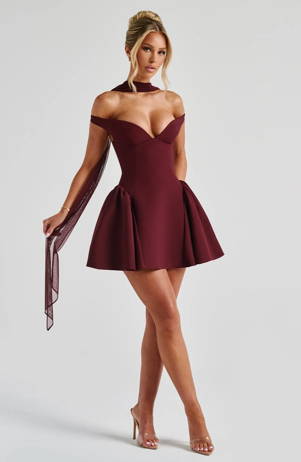 Cherry Lacquer Mini Dress - Elegant Plunge Bardot Style