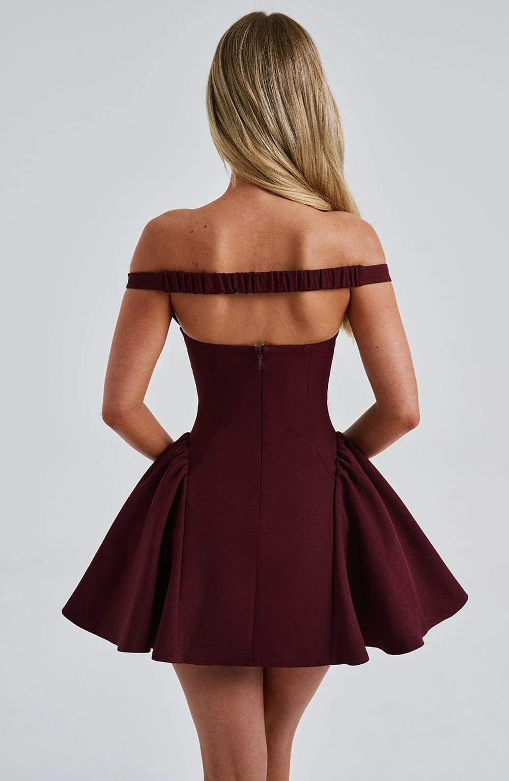 Cherry Lacquer Mini Dress - Elegant Plunge Bardot Style