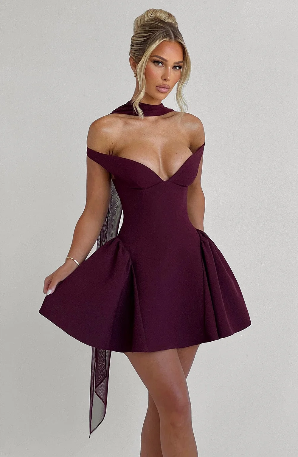 Cherry Lacquer Mini Dress - Elegant Plunge Bardot Style