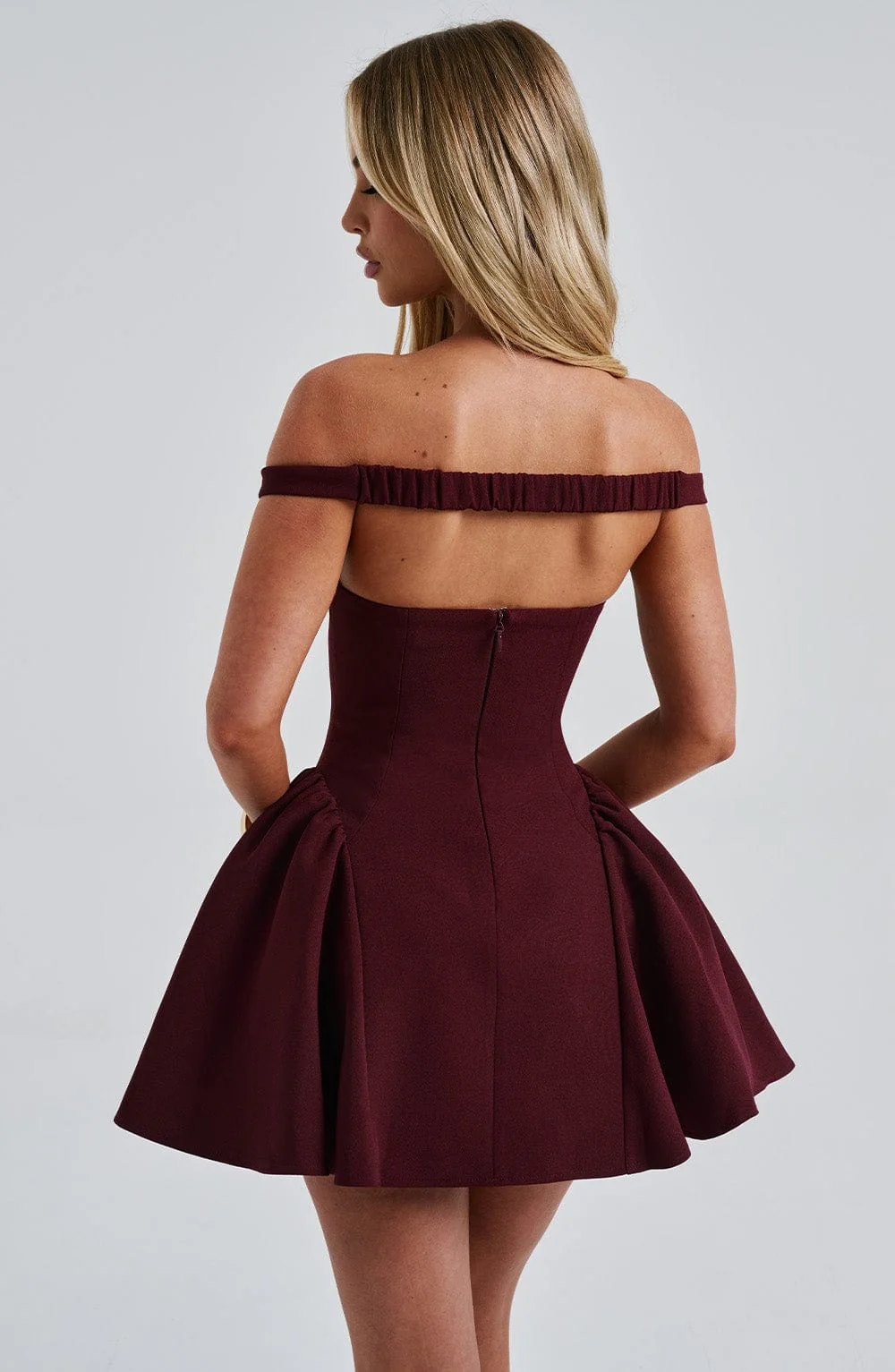 Cherry Lacquer Mini Dress - Elegant Plunge Bardot Style