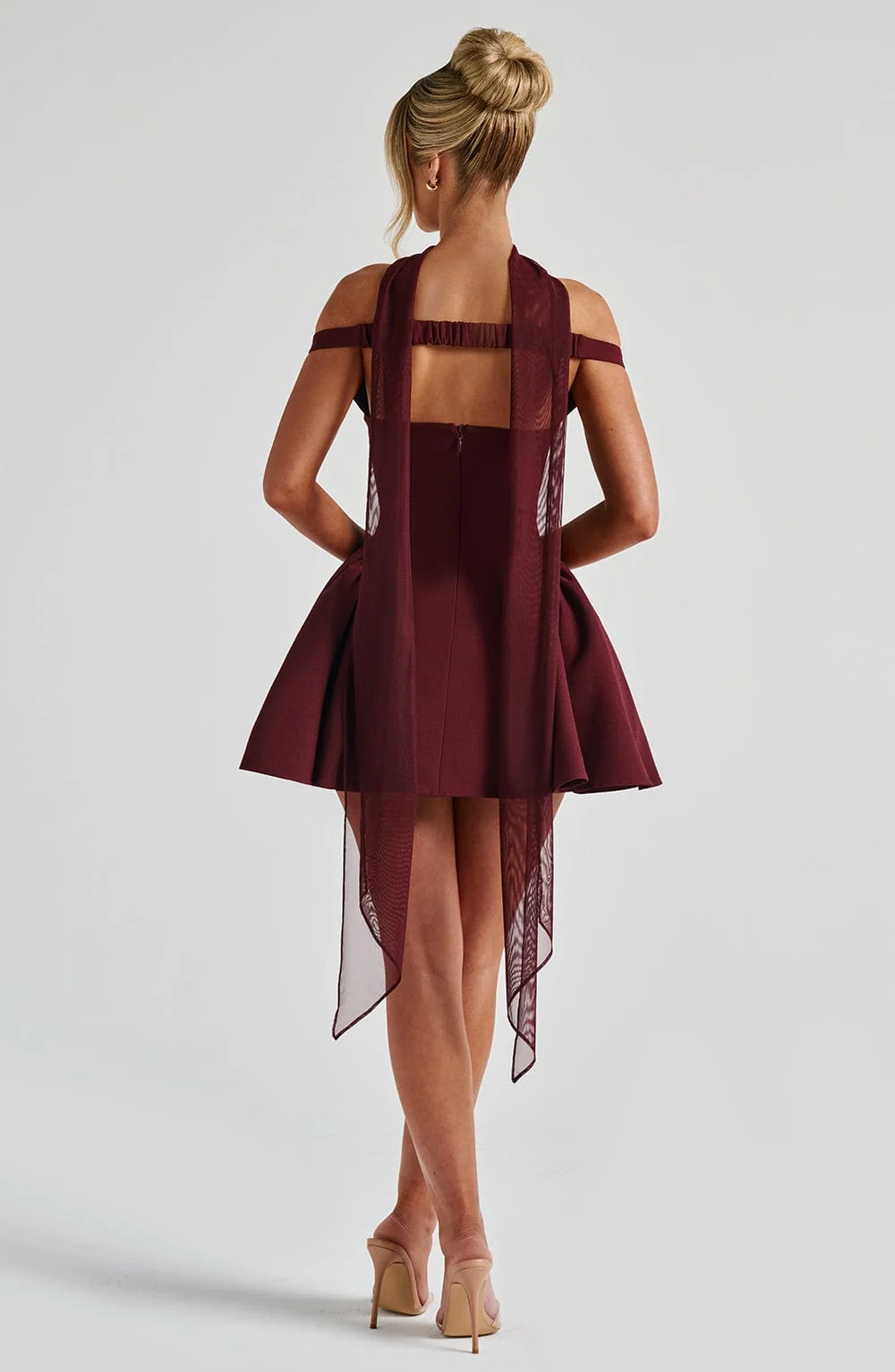Cherry Lacquer Mini Dress - Elegant Plunge Bardot Style