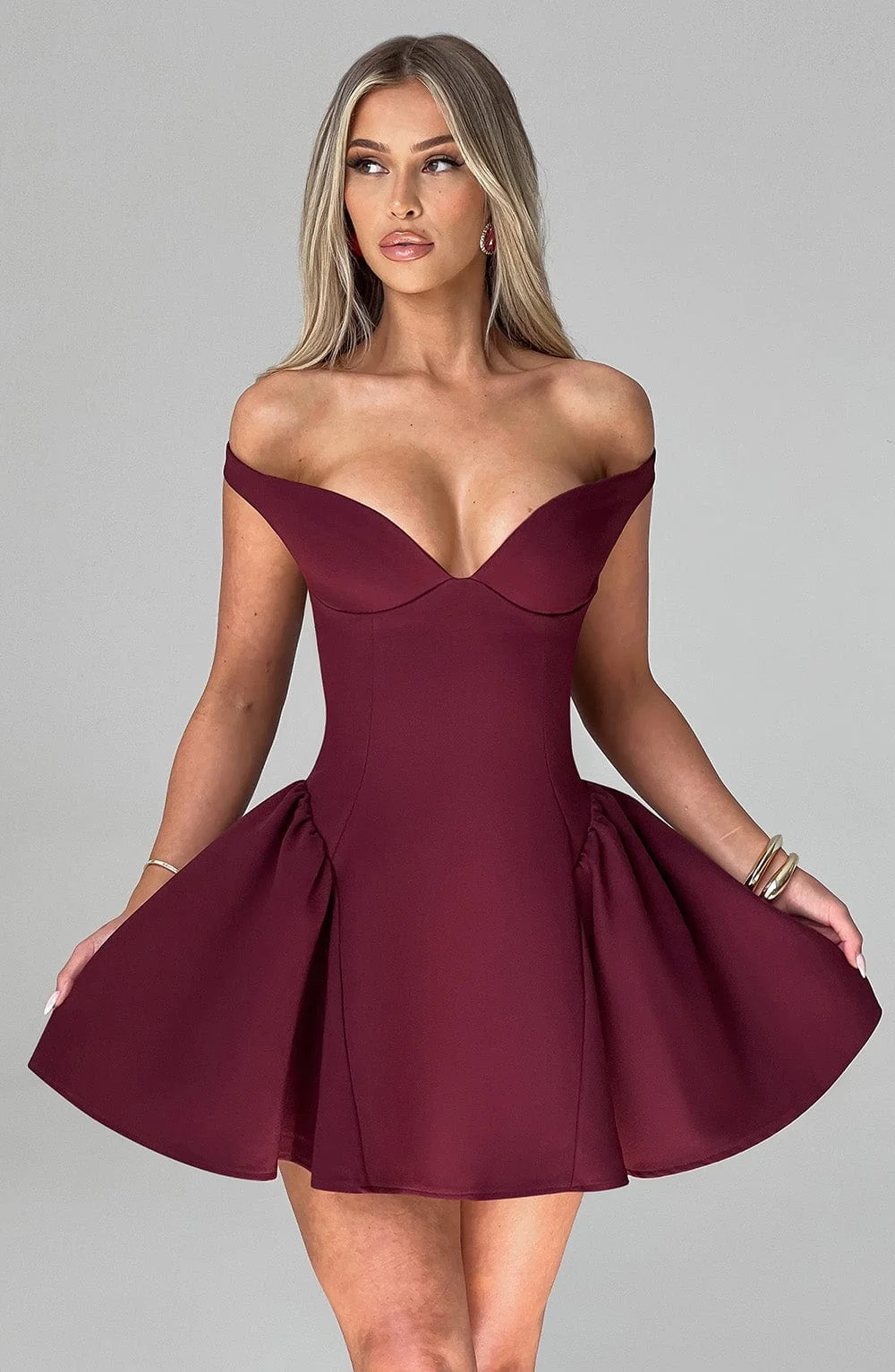 Cherry Lacquer Mini Dress - Elegant Plunge Bardot Style