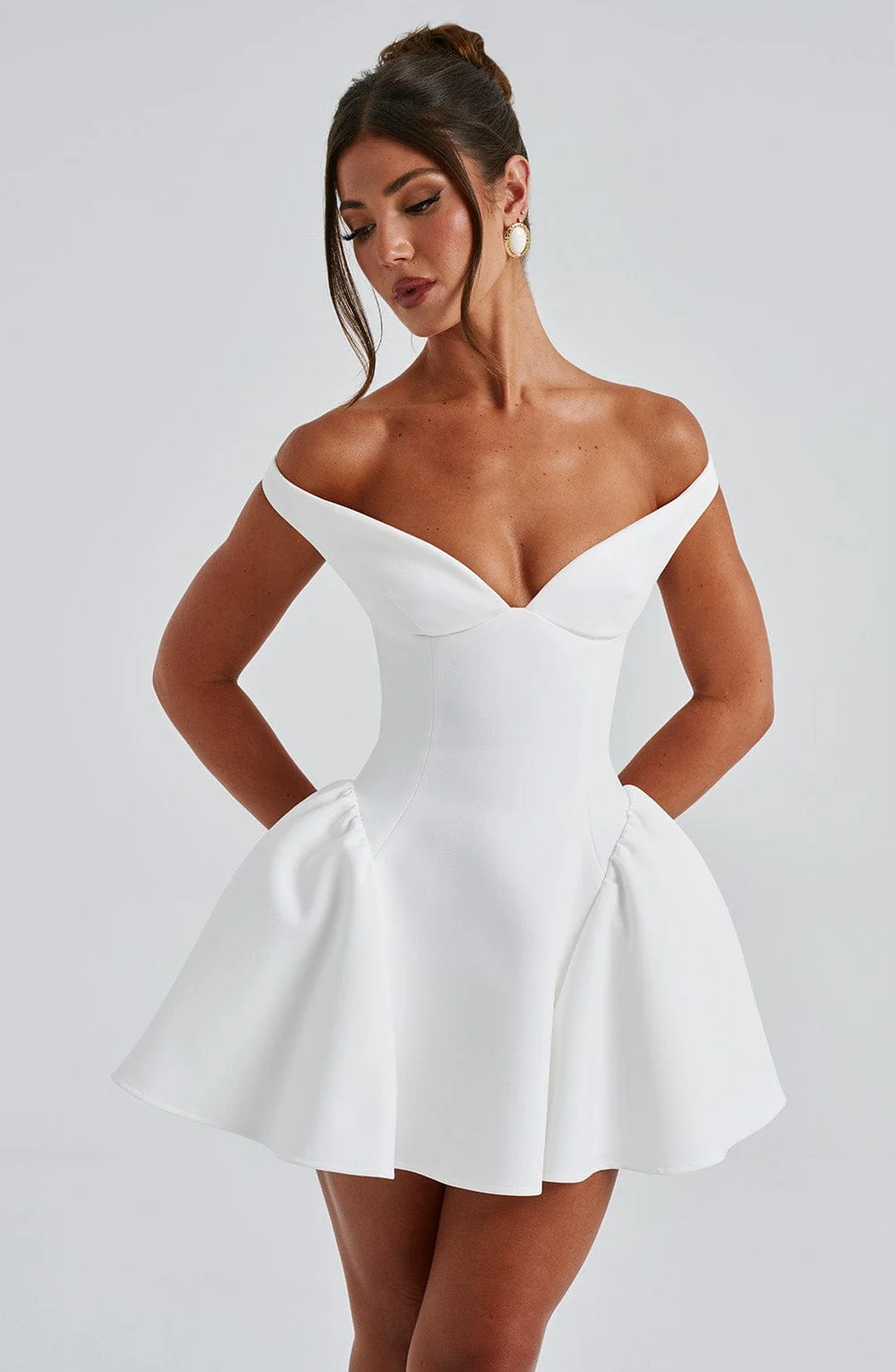 Ivory Plunge Bardot Mini Dress - Elegant Style