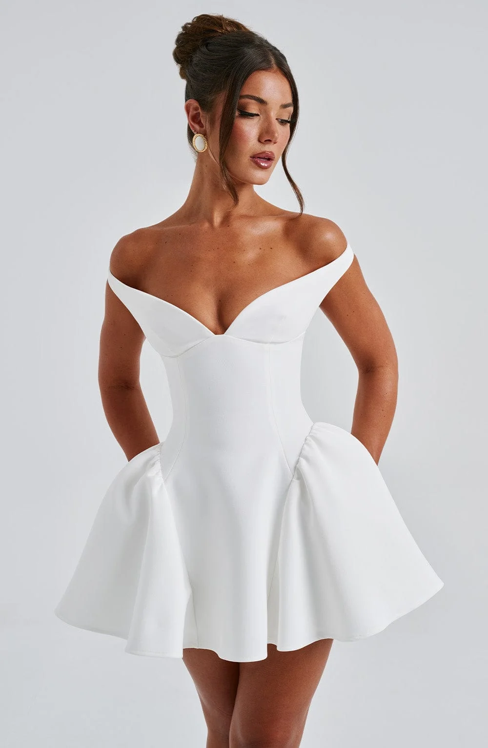 Ivory Plunge Bardot Mini Dress - Elegant Style