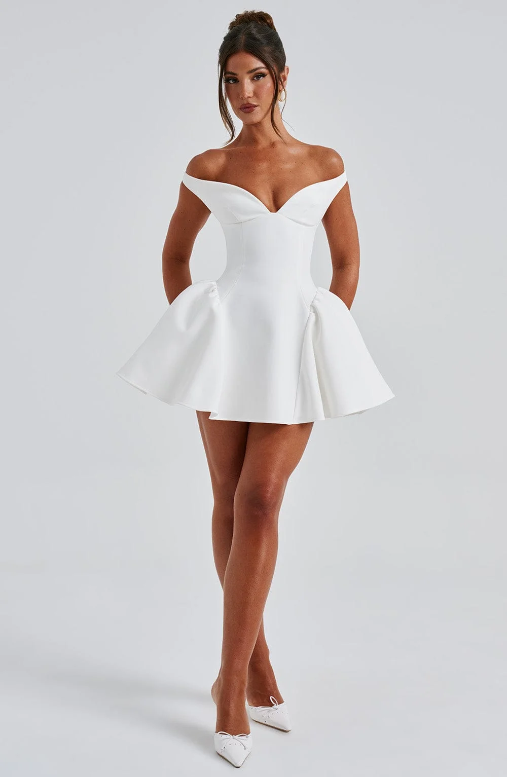 Ivory Plunge Bardot Mini Dress - Elegant Style