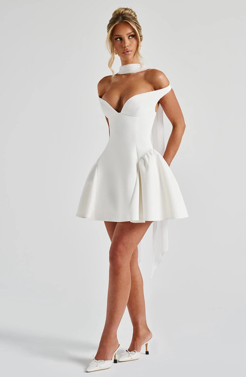 Ivory Plunge Bardot Mini Dress - Elegant Style