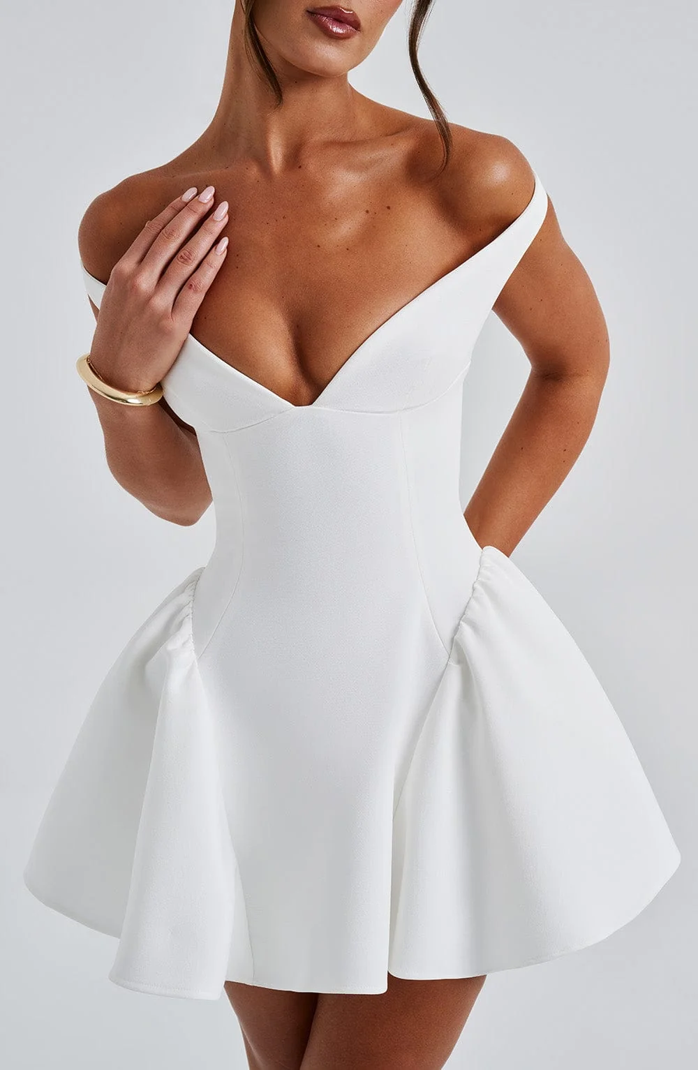 Ivory Plunge Bardot Mini Dress - Elegant Style