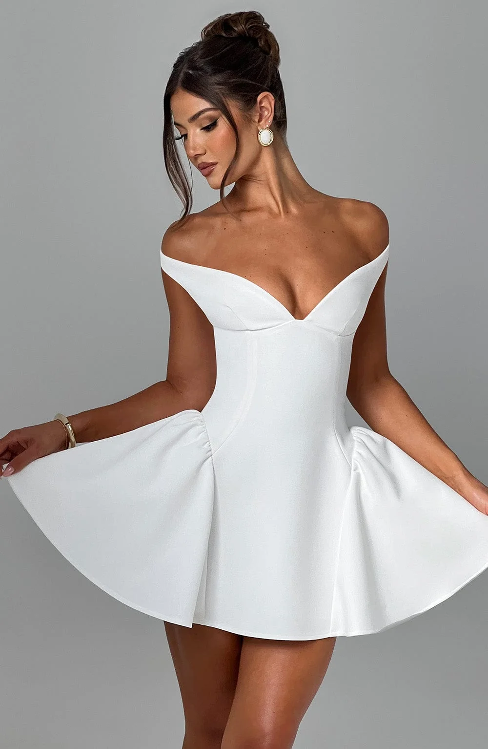 Ivory Plunge Bardot Mini Dress - Elegant Style