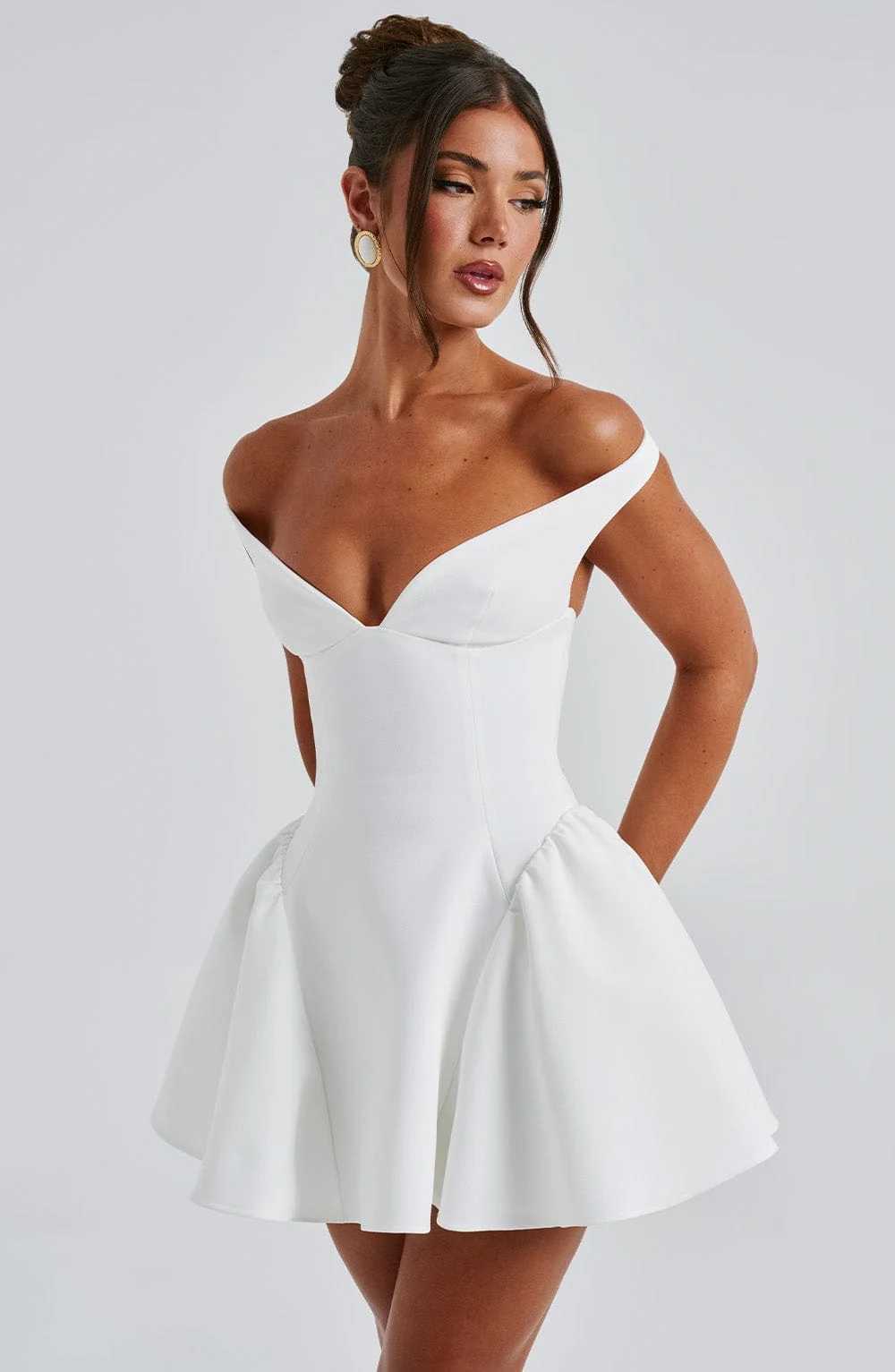 Ivory Plunge Bardot Mini Dress - Elegant Style