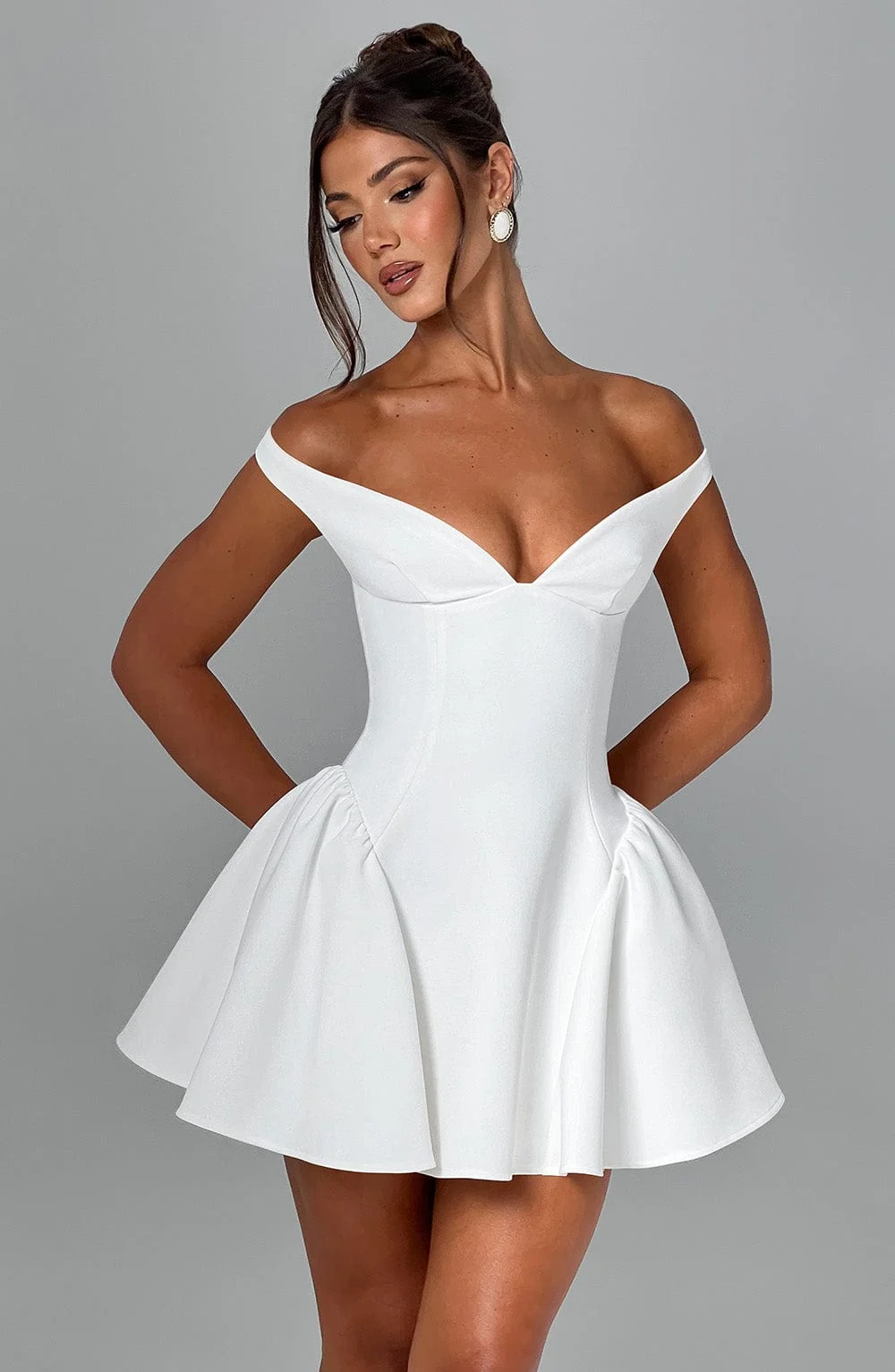Ivory Plunge Bardot Mini Dress - Elegant Style