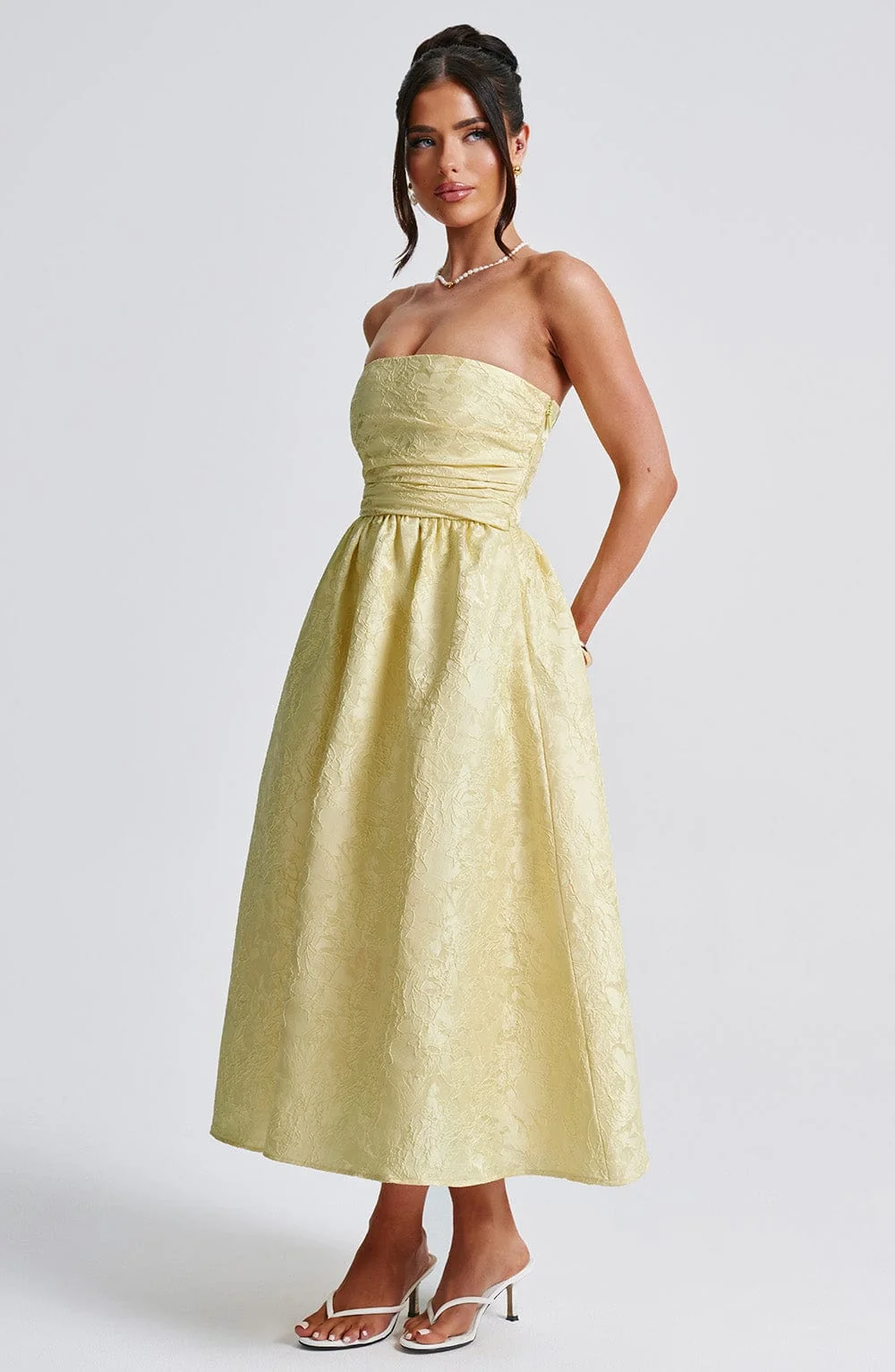 Floral Jacquard Strapless Midi Dress in Lemon | Elegant Spring Fashion