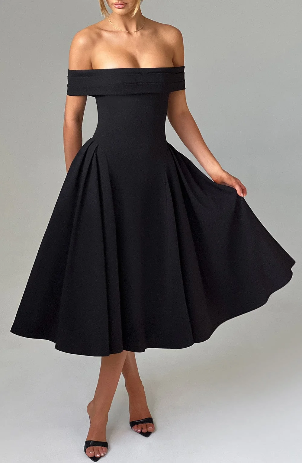 Black Pleated Bardot Midi Dress - Elegant Date Night & Formal Wear