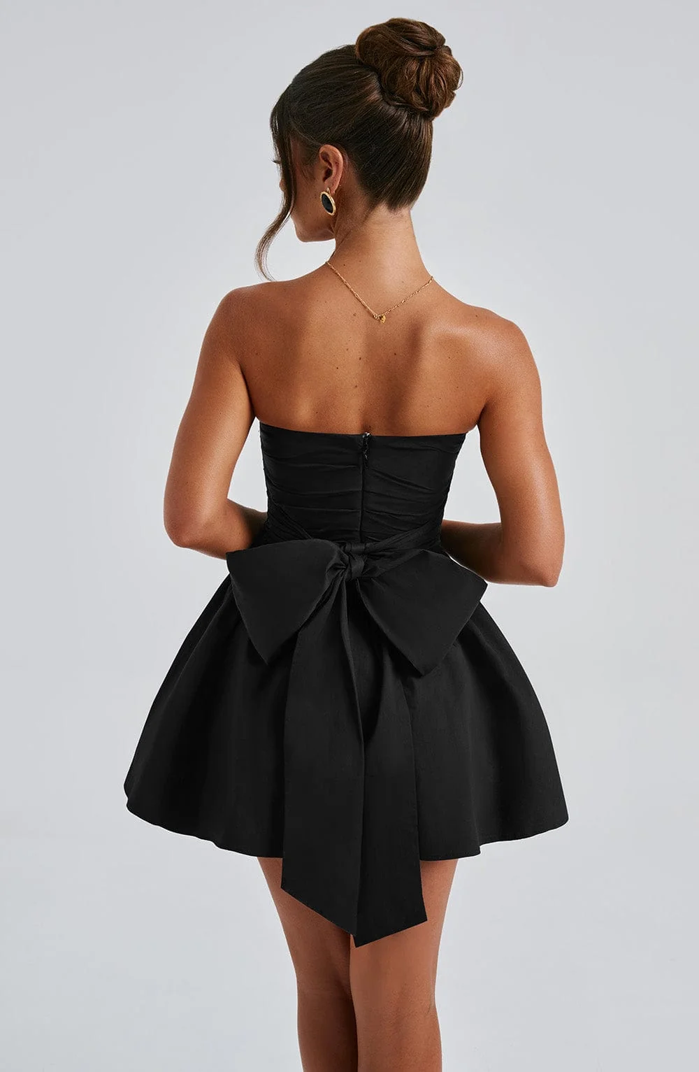 Black Strapless Voluminous Mini Dress with Waist Cinching Bow Detail