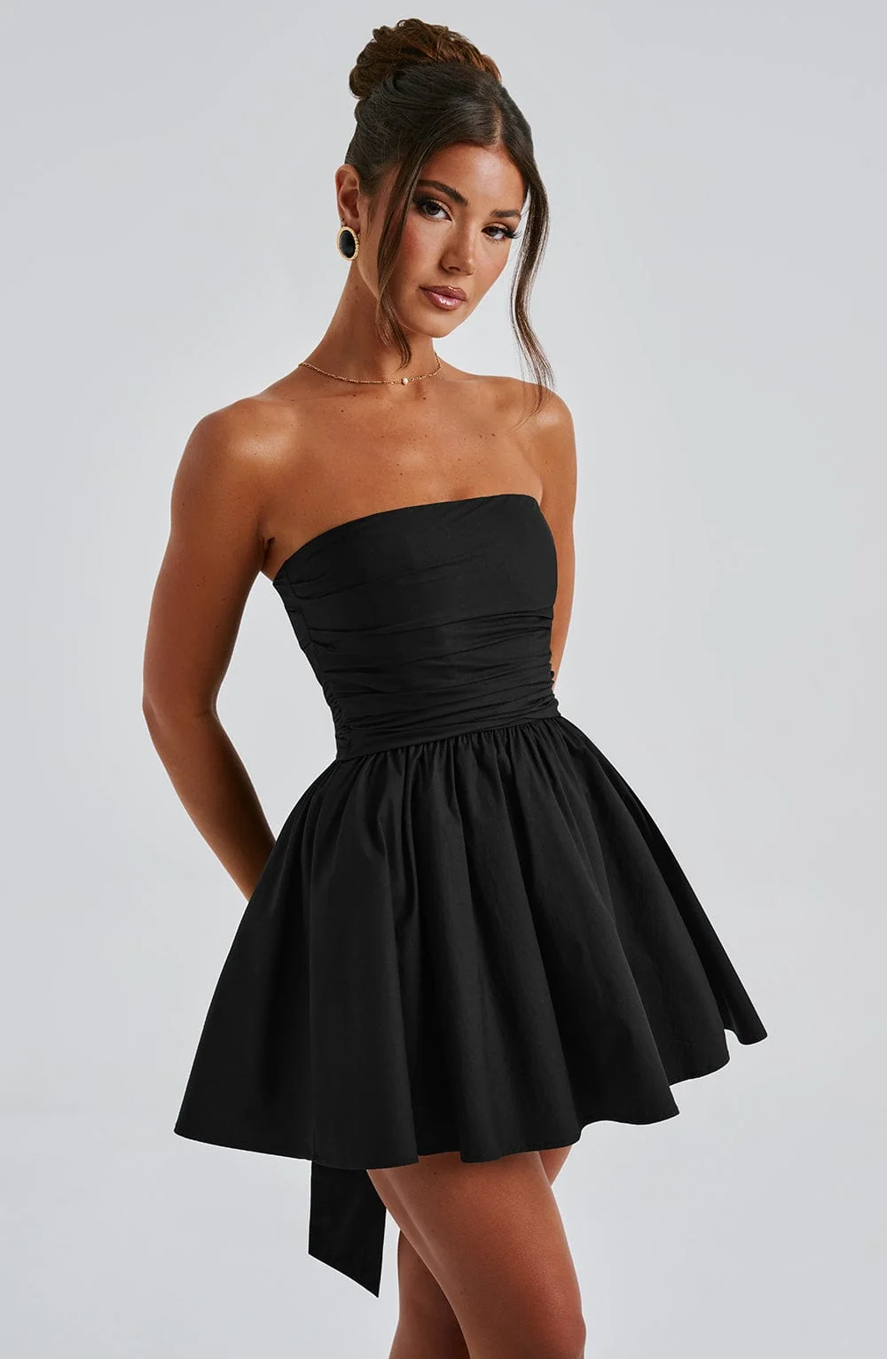 Black Strapless Voluminous Mini Dress with Waist Cinching Bow Detail