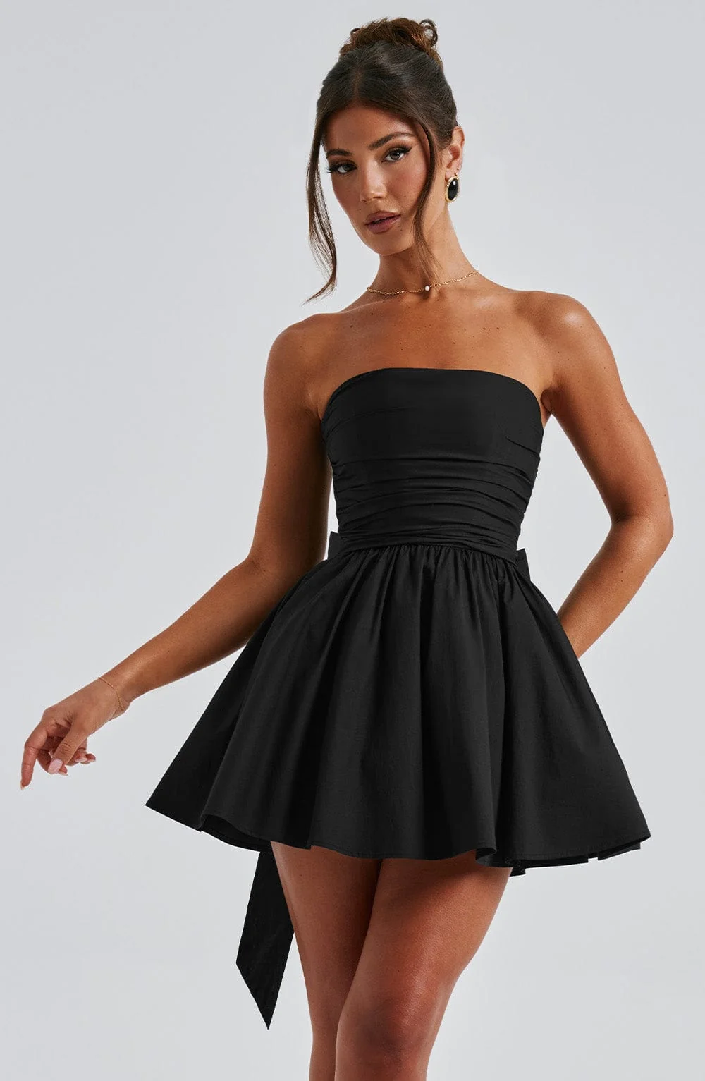 Black Strapless Voluminous Mini Dress with Waist Cinching Bow Detail