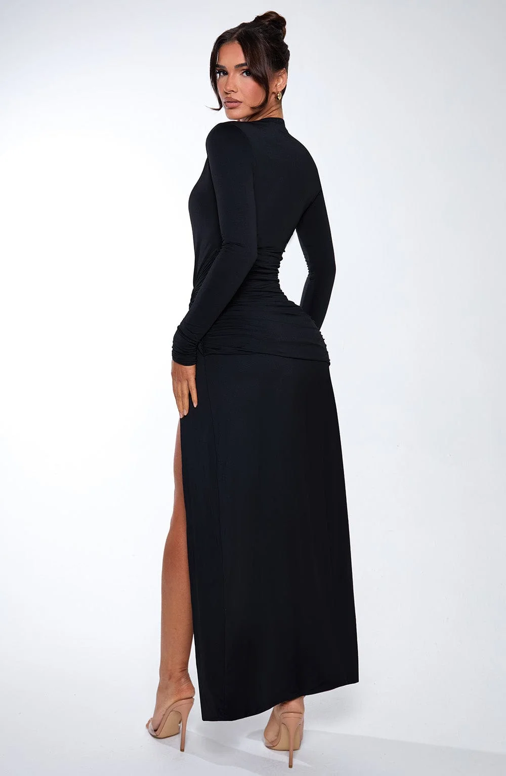 Black Maxi Dress with Deep Plunge Neckline and Thigh-High Split