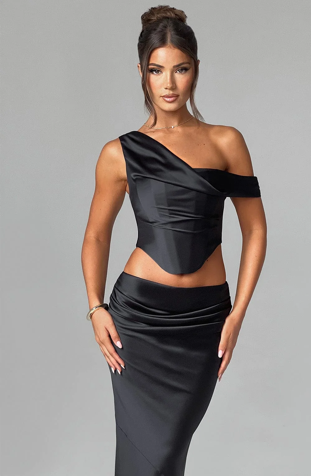 Luxury Black Satin Top with Corset Accent - Womens Dress Top
