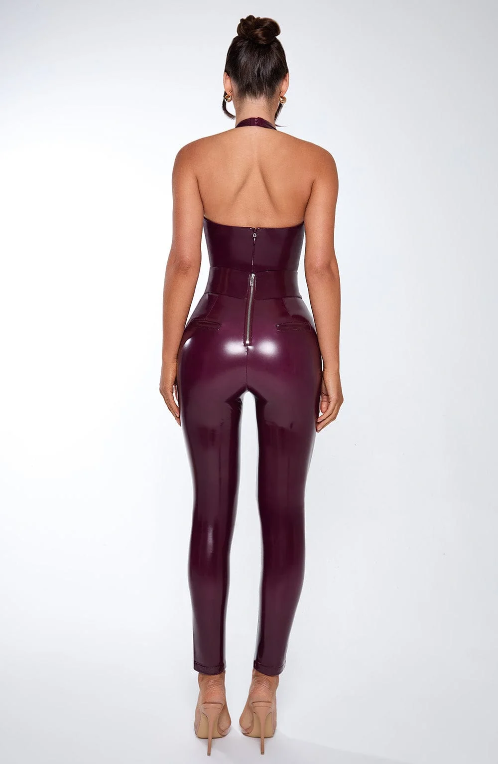 Cherry Lacquer Vinyl Halterneck Bodysuit for Women - Premium Design
