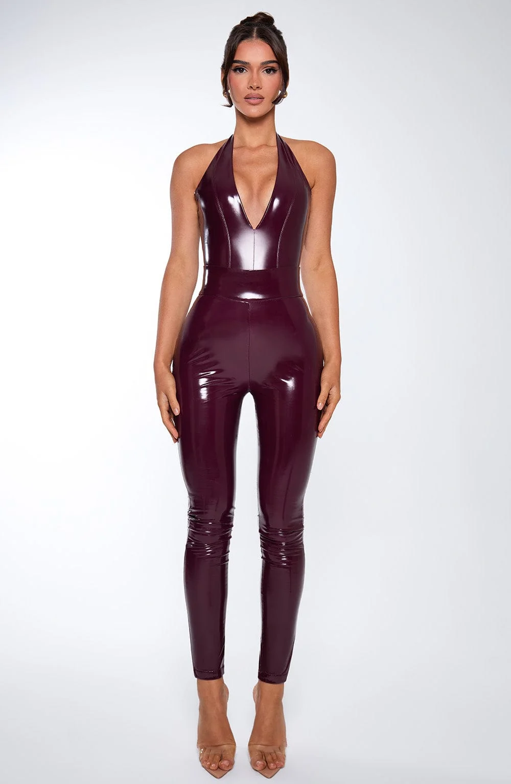 Cherry Lacquer Vinyl Halterneck Bodysuit for Women - Premium Design
