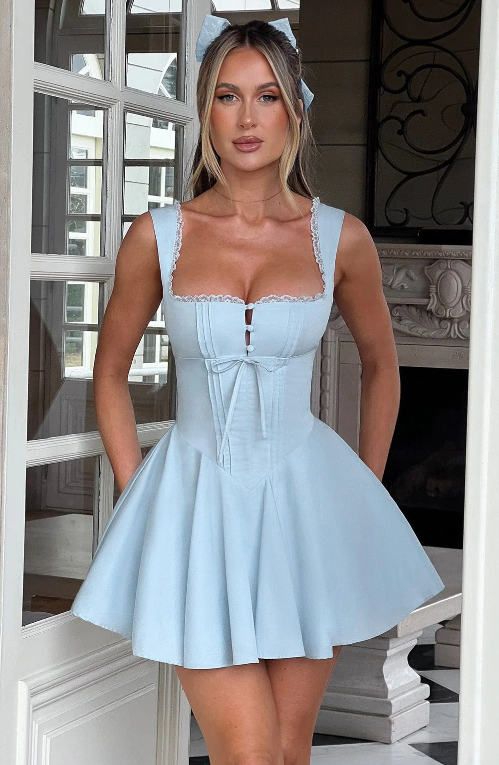 Blue Cinched Waist Mini Dress in Nylon Cotton Blend