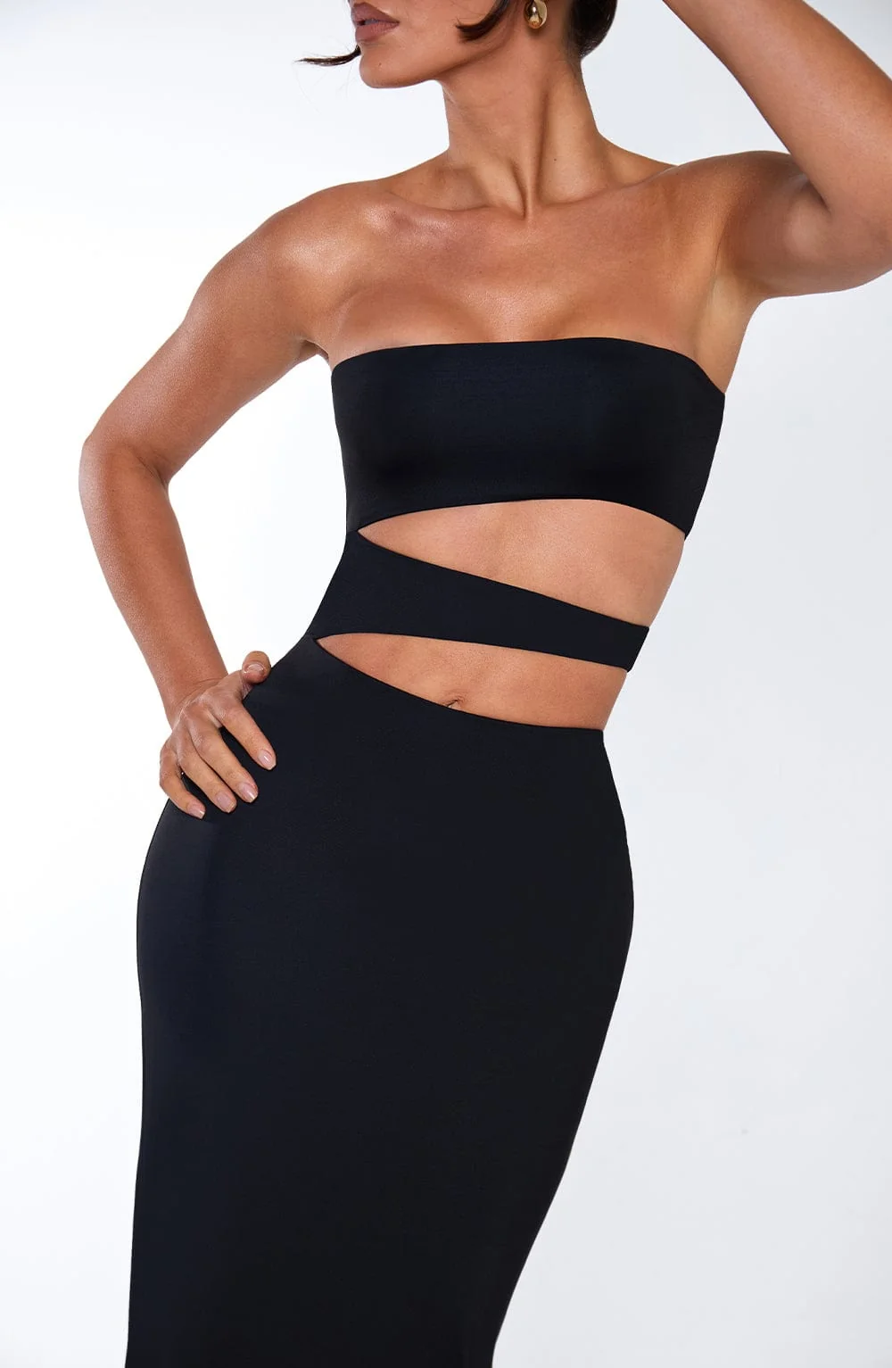 Black Stretch Slinky Maxi Dress with Slash Cut Outs