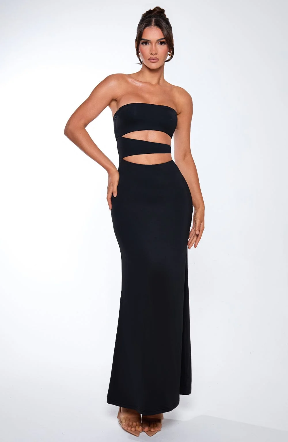 Black Stretch Slinky Maxi Dress with Slash Cut Outs