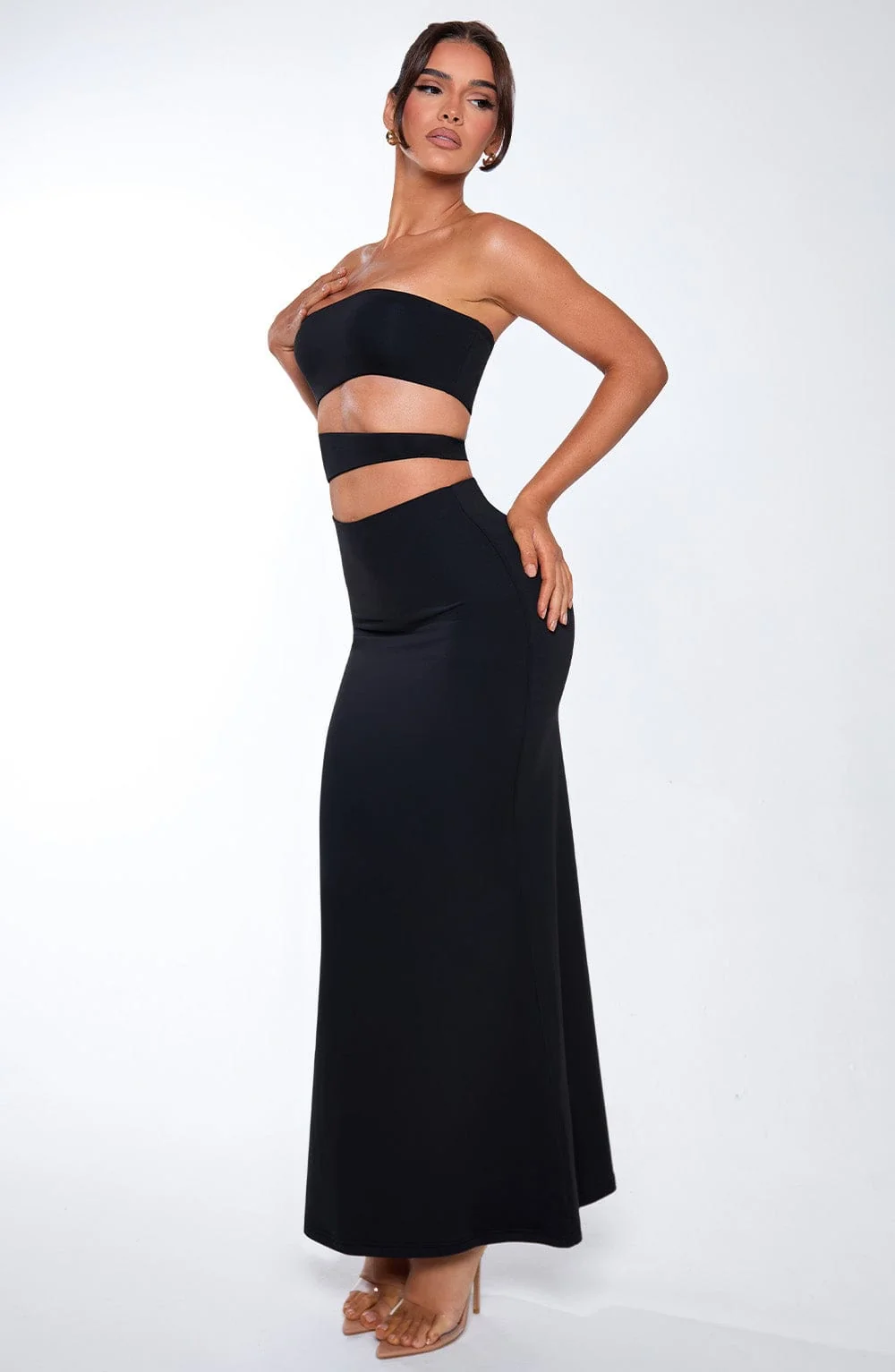 Black Stretch Slinky Maxi Dress with Slash Cut Outs
