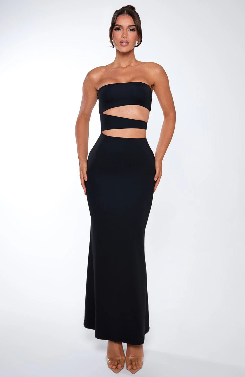 Black Stretch Slinky Maxi Dress with Slash Cut Outs