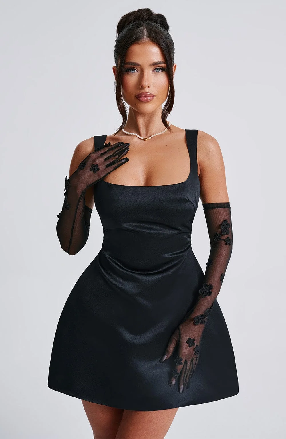 Black Sheer Mesh Floral Applique Elbow Length Gloves