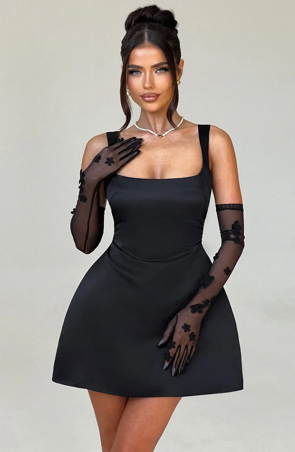 Black Sheer Mesh Floral Applique Elbow Length Gloves