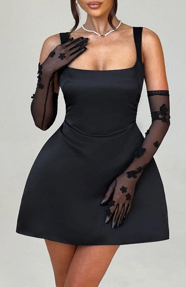 Black Sheer Mesh Floral Applique Elbow Length Gloves