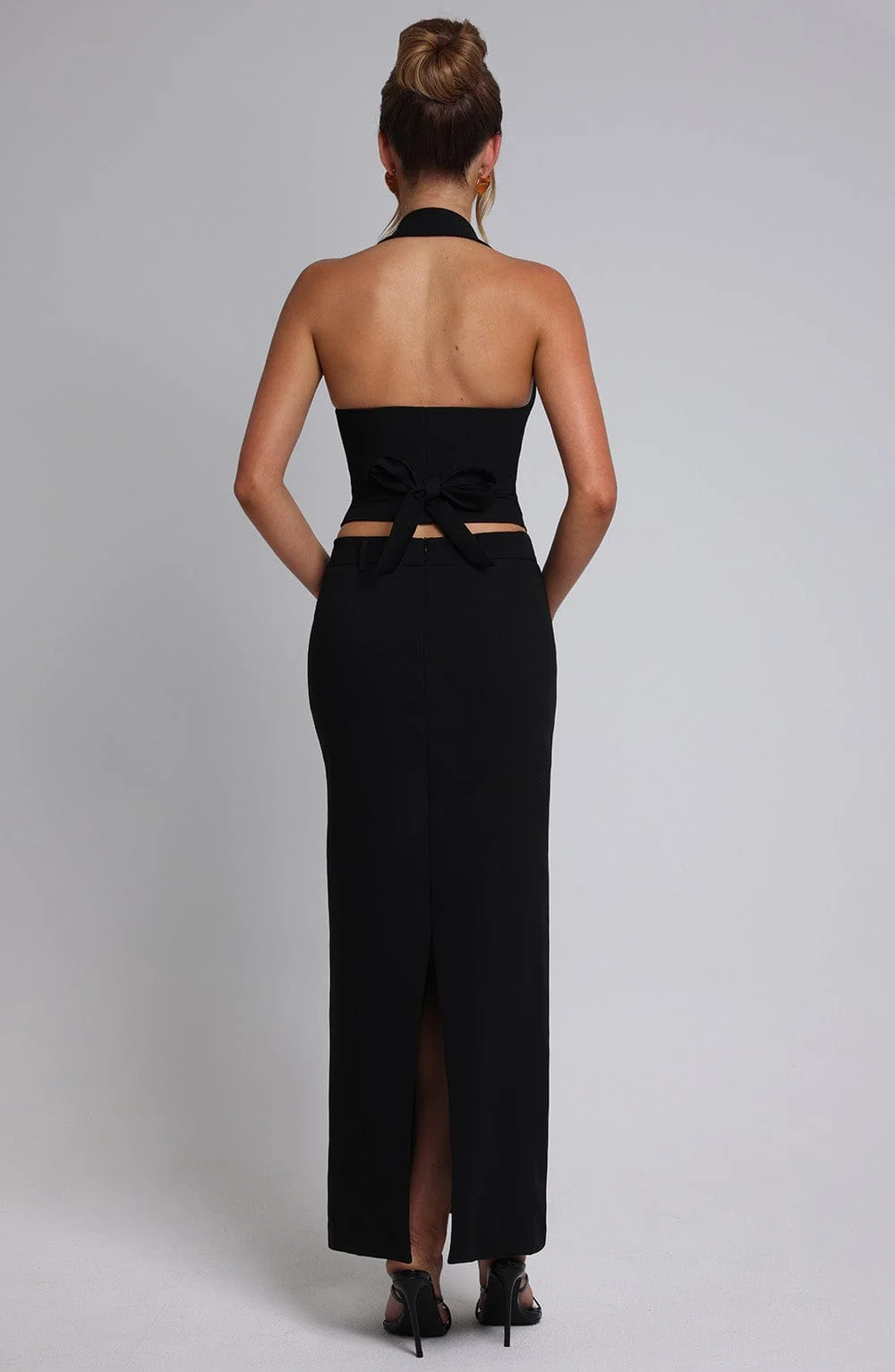 Black Tailored Crepe Maxi Skirt with Split Back