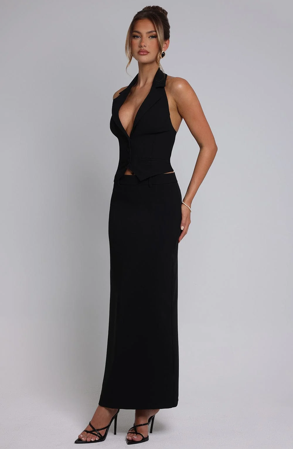 Black Tailored Crepe Maxi Skirt with Split Back
